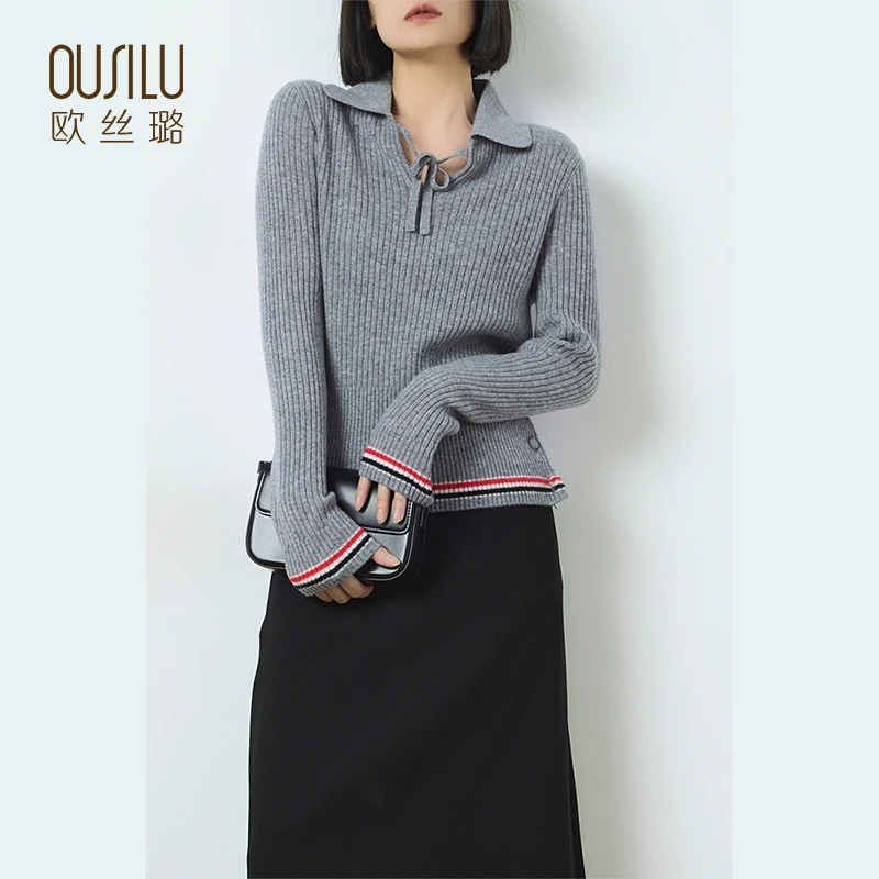 14174欧丝璐24秋冬新款100%纯山羊绒翻领撞色打底套头衫女毛衣