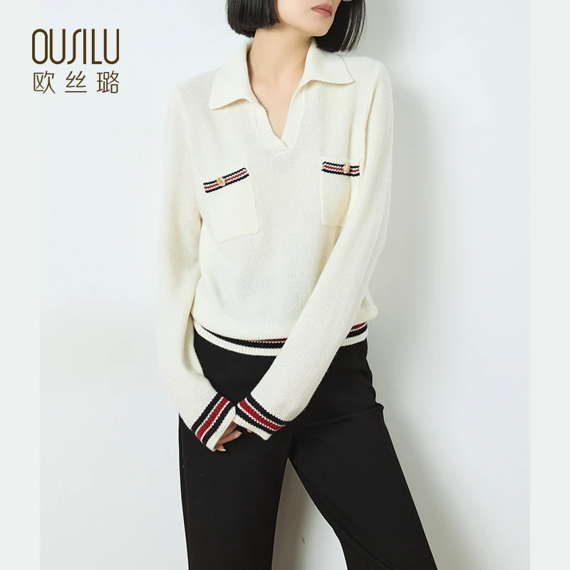 14146欧丝璐24秋冬新款100%纯山羊绒v领POLO领撞色英伦风打底女衫