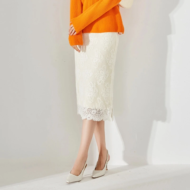【100山羊绒】欧丝璐11189秋冬新款OL气质蕾丝拼接纯山羊绒半身裙
