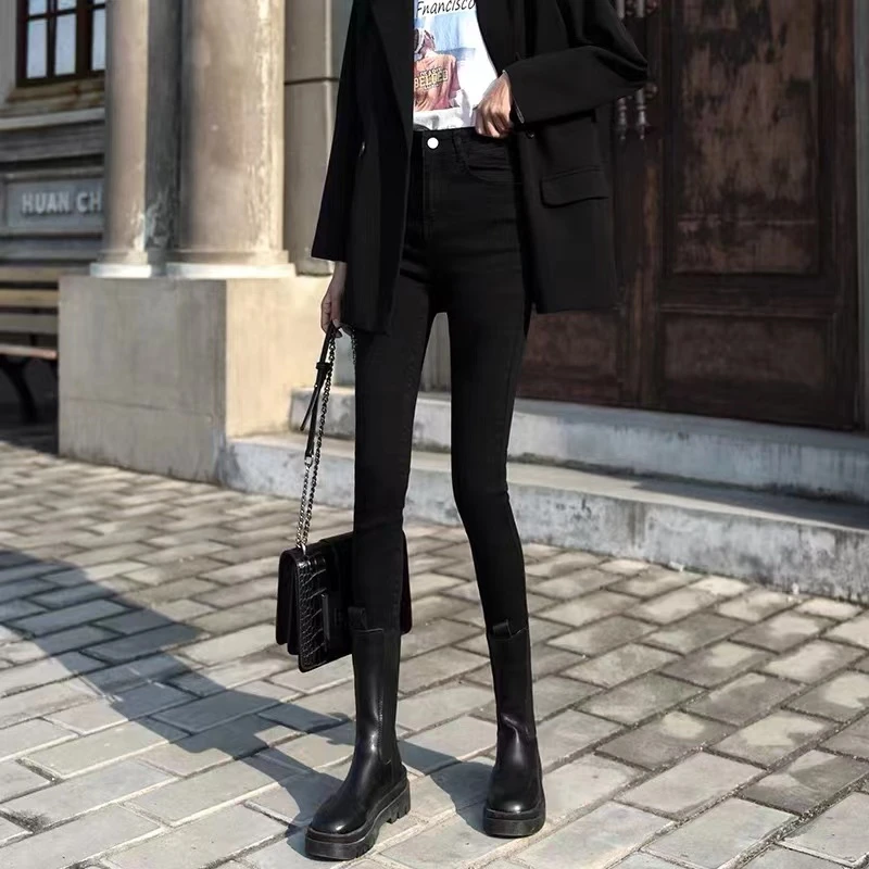 小脚牛仔裤女2025春季高腰显瘦新款铅笔小脚大码百搭黑色弹力裤子