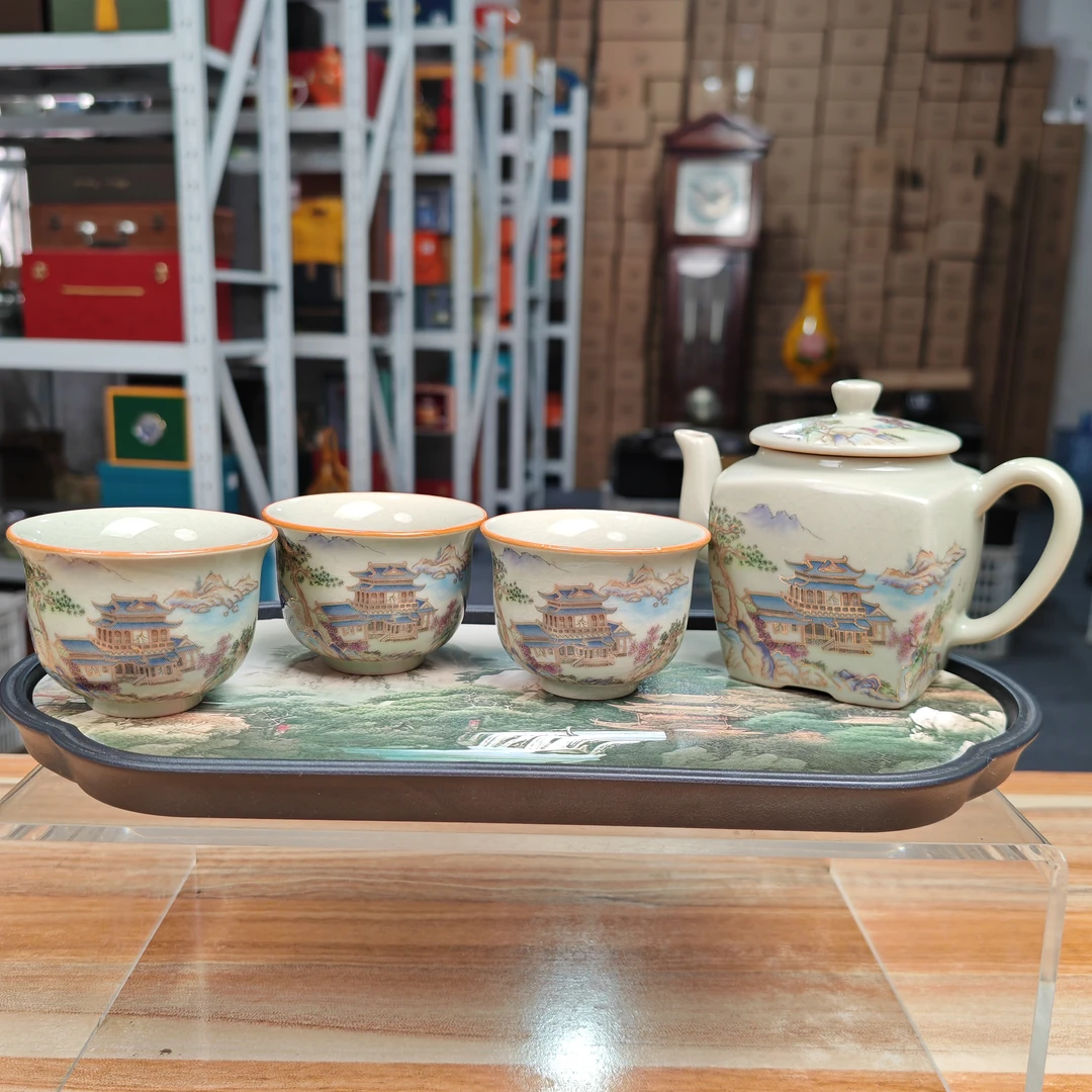 【闪购商品】世外桃源汝窑四方壶+3个主人杯+茶盘@@ZH1081