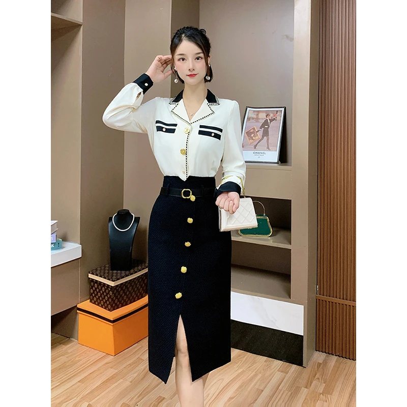 芙娜妮法式设计感长袖黑白时尚小香风收腰显瘦2024两件套F2330707