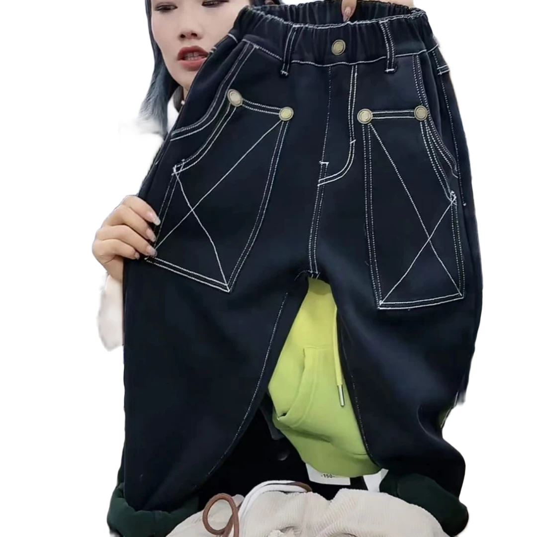 2023冬【】11.10 男童女童高弹老爹黑色明线加绒牛仔长裤1110-