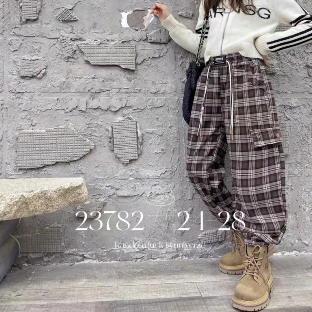 韩2023冬【X】12月8日  男童女童冬季咖啡格加绒休闲条绒裤3782-