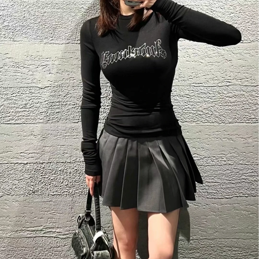 【深圳TY女装】小众设计师 灰色长袖字母烫钻弹力修身上衣T