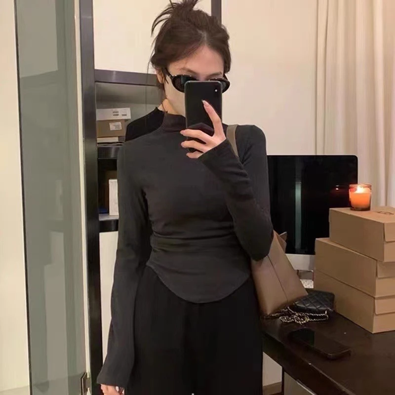 2024秋冬新款双侧边褶皱半高领打底上衣设计感修身薄款显瘦内搭