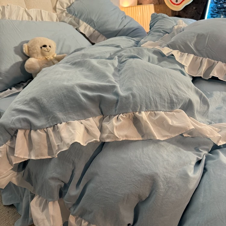 ins浅蓝荷叶花边被罩四件套韩式双人1.8床单被套单人三件套非全棉