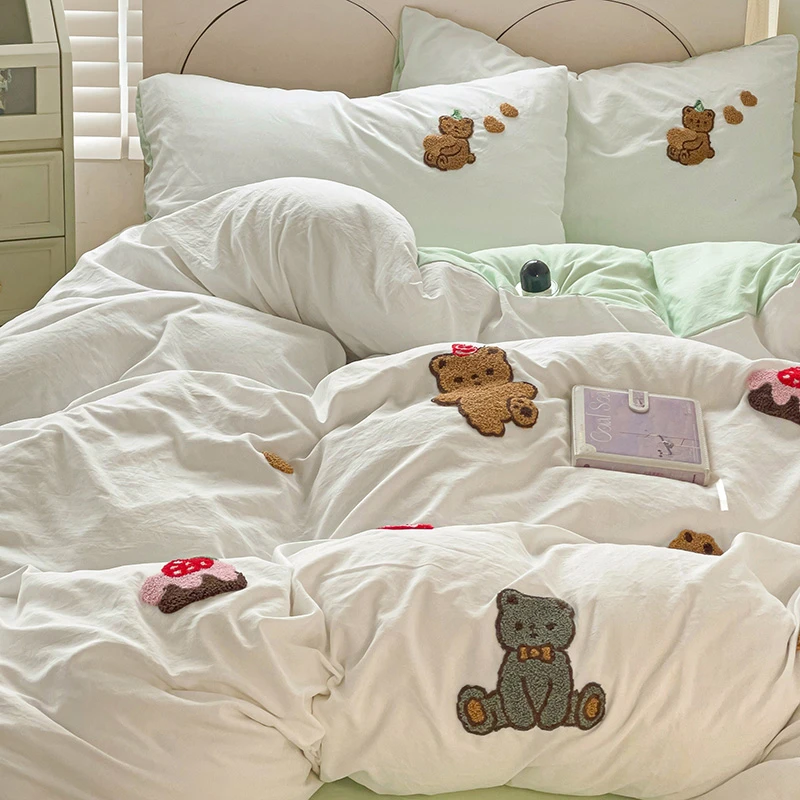 可爱小熊刺绣床上四件套毛巾绣被罩学生宿舍床单三件套非纯棉全棉