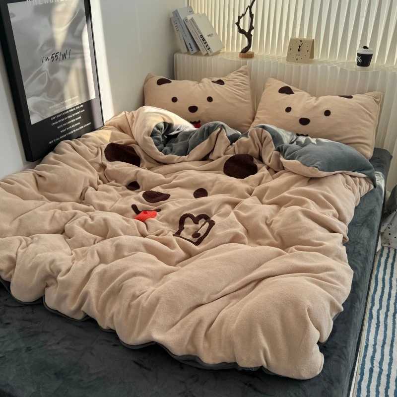 卡通狗毛巾绣双面牛奶绒被套四件套冬季加厚被罩珊瑚绒床单三件套