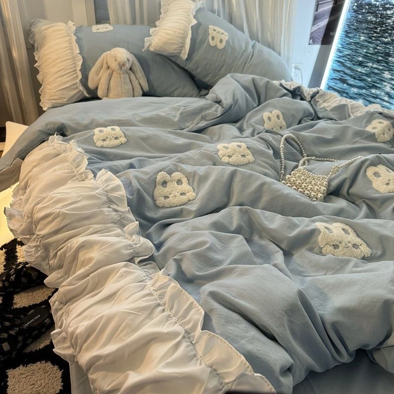 ins荷叶大花边蓝色被套床单四件套床上用品公主风宿舍被罩三件套