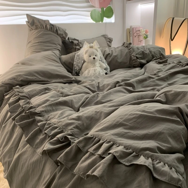 韩版纯灰色双层花边被罩四件套非全棉纯棉床单被套纯色宿舍三件套