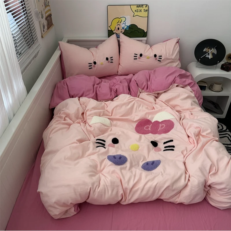 公主风可爱猫咪刺绣被套四件套毛巾绣被罩床单人宿舍三件套非纯棉