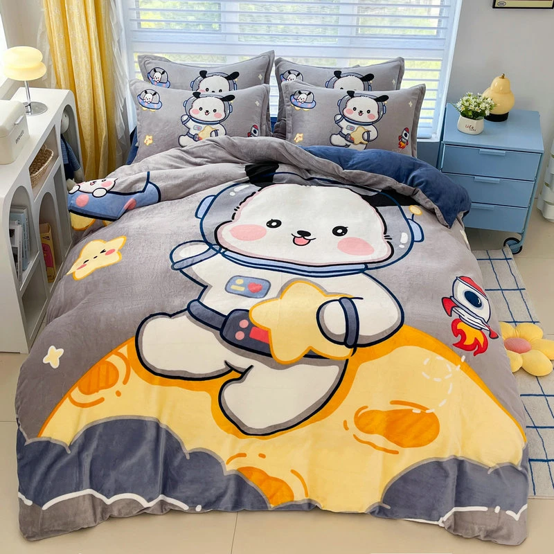 冬季加厚双面牛奶绒被套床单卡通可爱狗儿童男女珊瑚绒法兰绒被罩