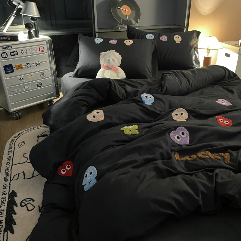 卡通刺绣炫彩蜜豆黑色床单被套单双人四件套宿舍被罩三件套非全棉