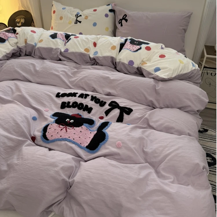 ins可爱卡通毛巾绣被罩双人四件套被套床单学生单人三件套非纯棉