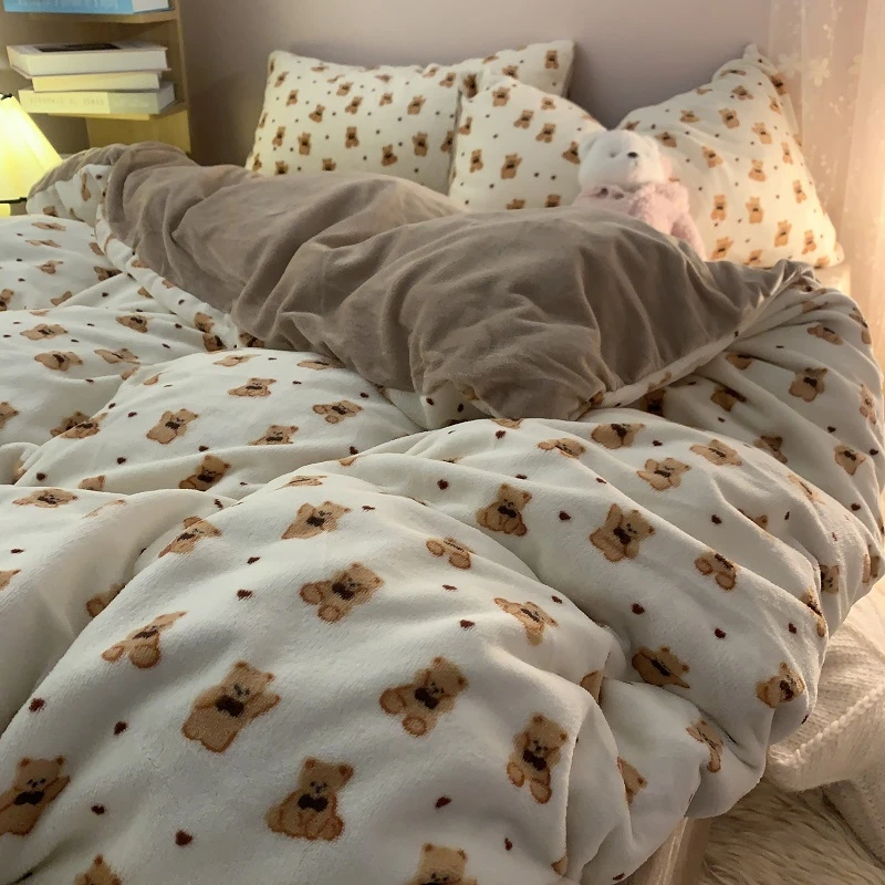 卡通可爱小熊牛奶绒水晶绒床上四件套双人床单被套加绒加厚三件套