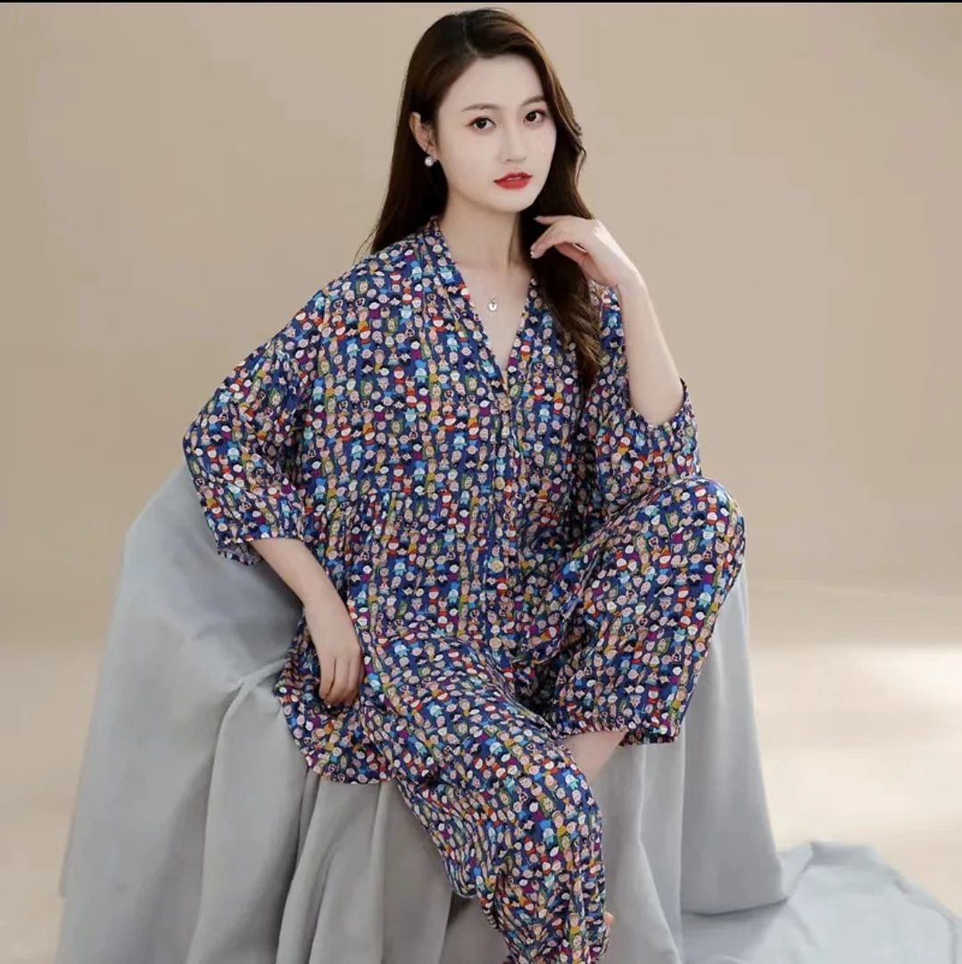 爆款棉绸宽松V领女套装网红时尚大码棉绸家居服洋气开衫外穿睡衣