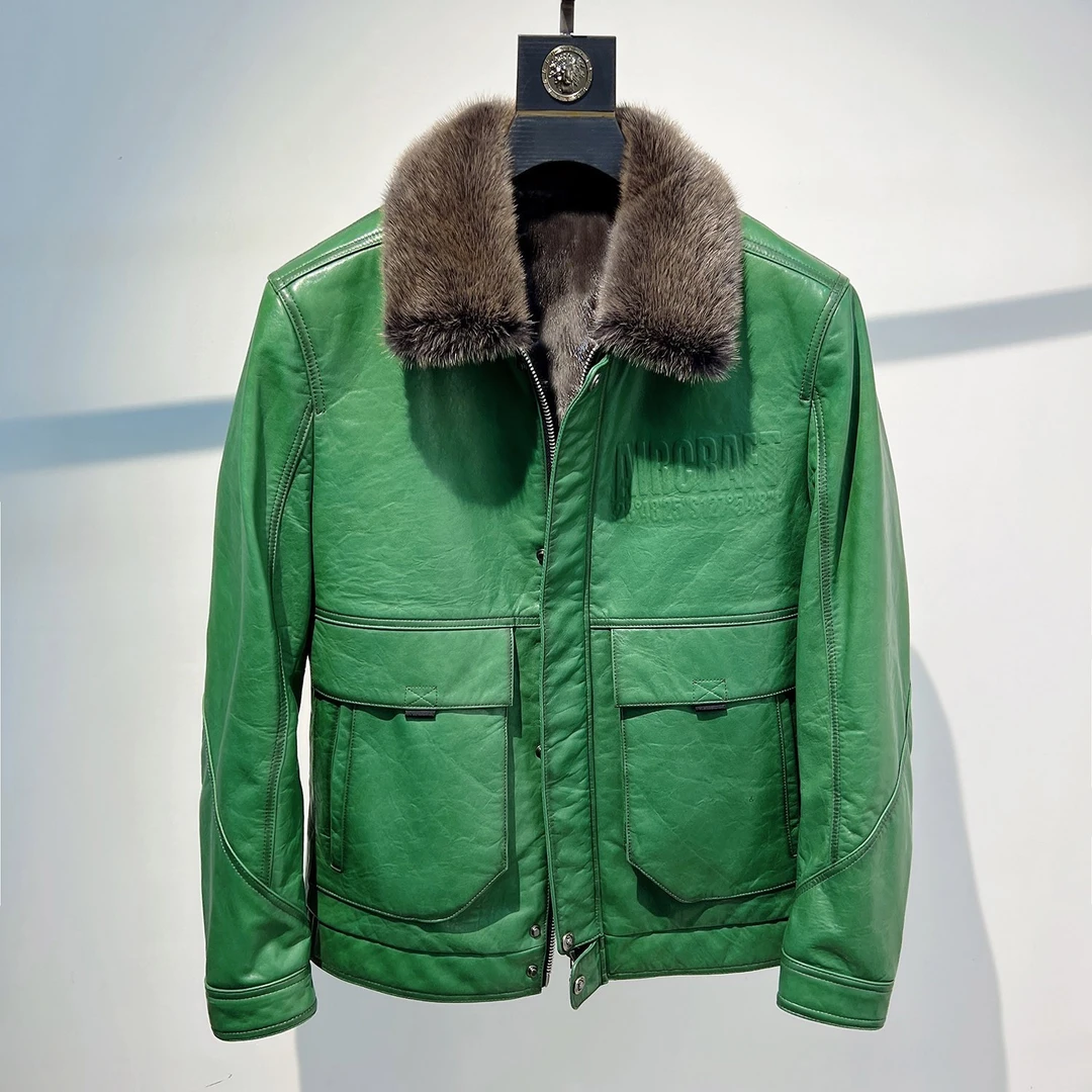 218新款潮流男装进口貂毛领水貂内胆时尚进口山羊皮真皮夹克外套