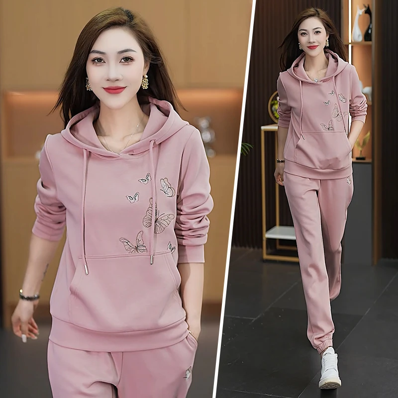秋季上新款舒适连帽运动卫衣两件套韩版大码遮肉气质减龄潮款套装