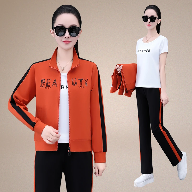 气质立领休闲印花秋款女装舒适三件套韩系大码直筒裤显瘦百搭套装