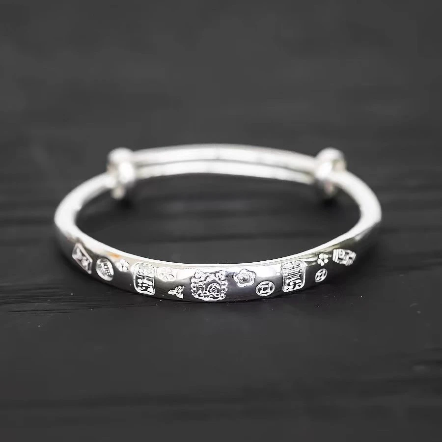 俏佳银 足银手镯 足银手镯 吉言宝宝手镯  可爱儿童可调节对镯