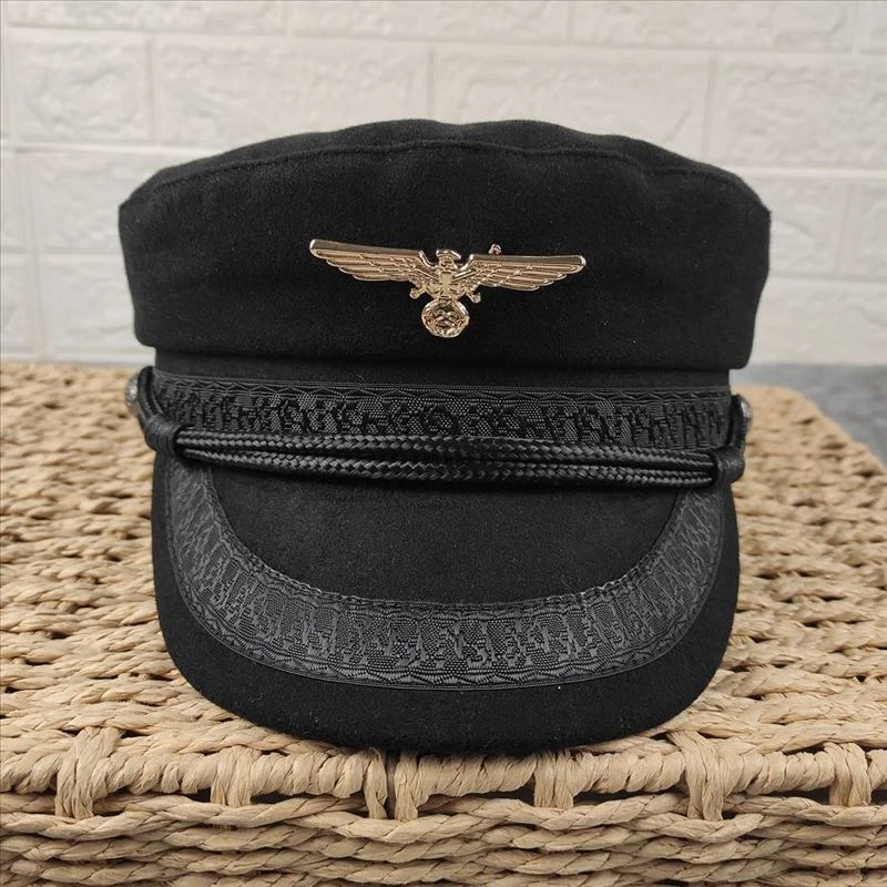 中老年冬天毛呢面料船长帽复古休闲帽时尚平顶帽大头围男帽小头