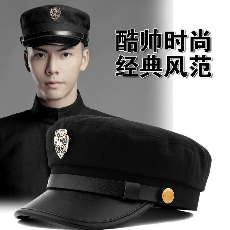 复古青年帽大头围船长帽中老年男帽徽章装饰平顶帽休闲简约小码帽