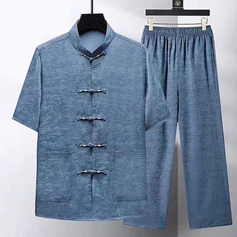 高端天丝夏季短袖男套装唐装男中式汉服中国风太极服中老年爸爸装