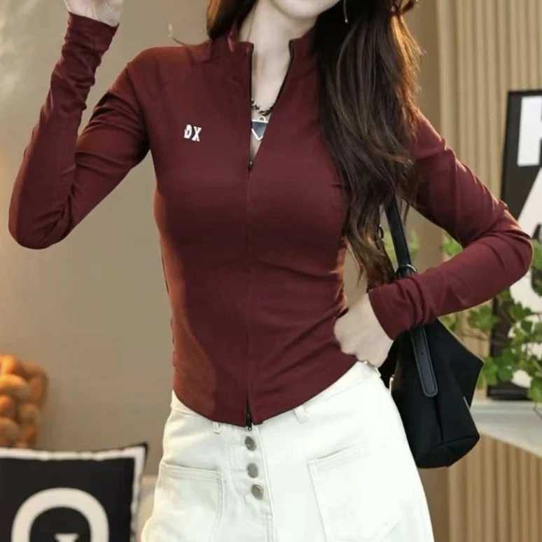 高级感双开拉链半高领字母修身长袖T恤女时尚早秋洋气显瘦打底衫