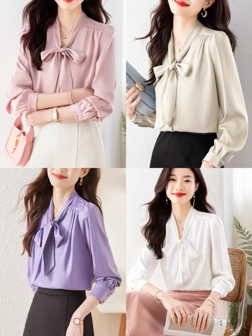 开衫春秋新款衬衫女系带时尚洋气设计感小众长袖气质纯色宽松衬衣