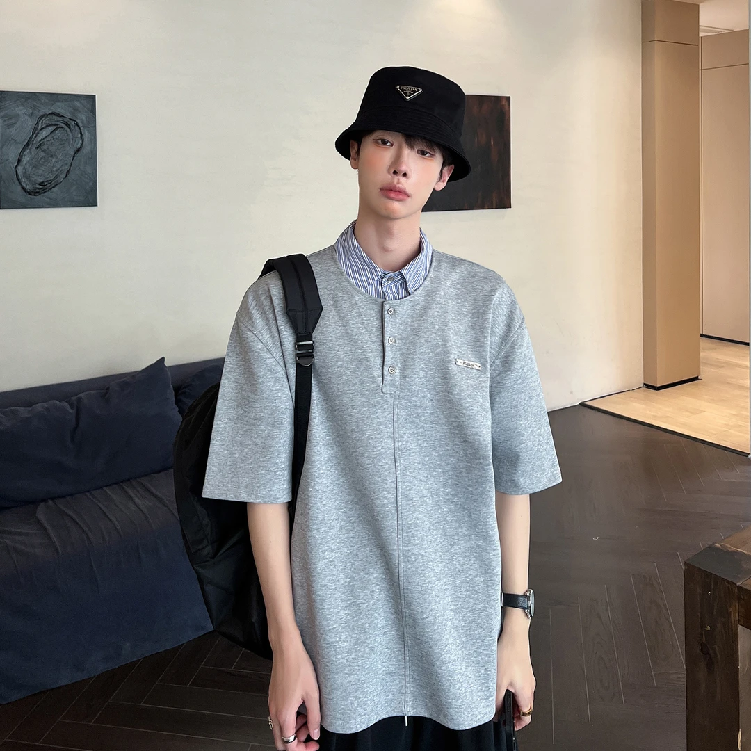 高林凡 韩版条纹翻领拼接假两件POLO衫男女短袖T恤休闲学院风上衣