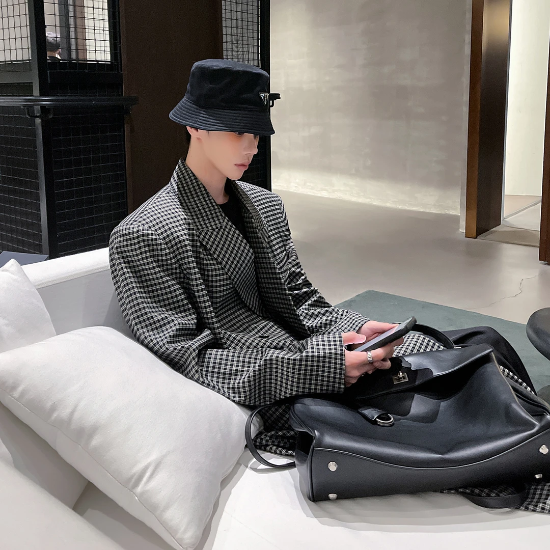 高林凡 韩版气质高级感格子西装外套男秋季宽松中长款过膝