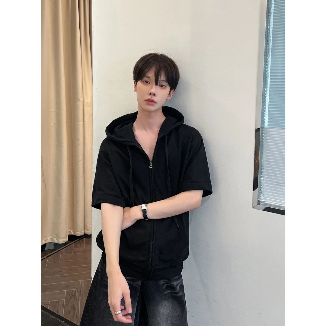 高林凡 夏季百搭连帽宽松薄款开衫短袖外套休闲日常简约上衣纯色