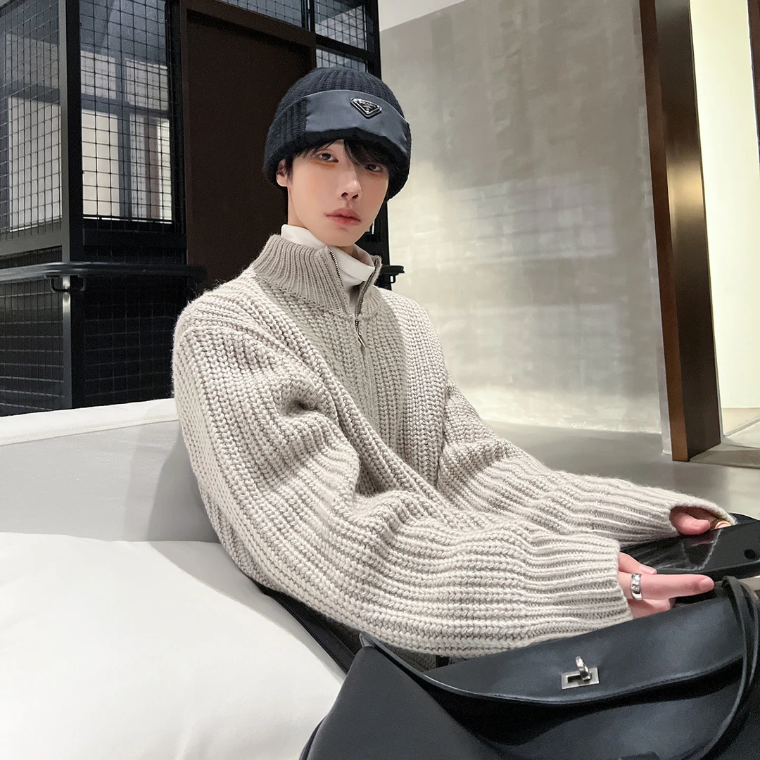 高林凡 重磅韩版纯色拉链针织开衫男秋冬宽松休闲立领百搭外套