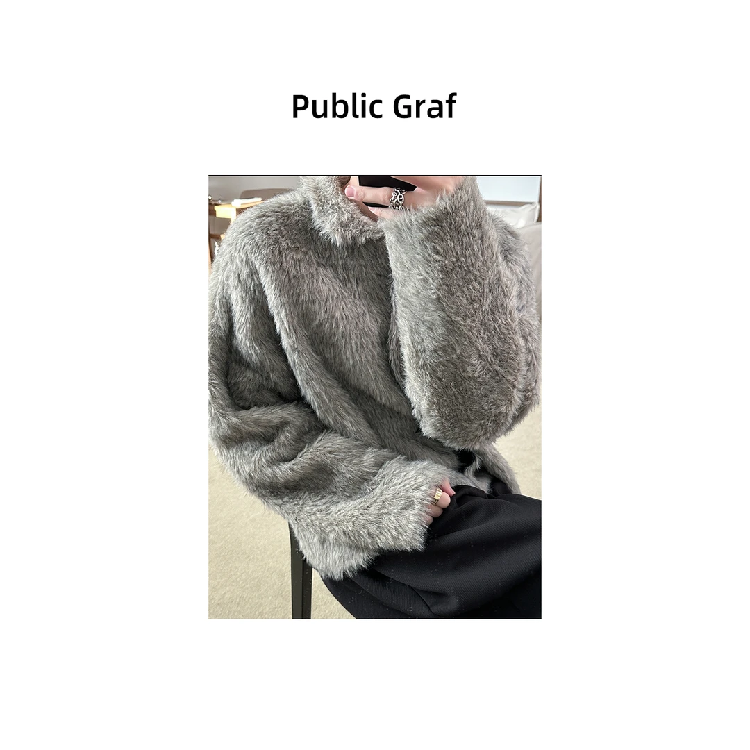 高林凡 秋冬韩版翻领设计感仿皮草宽松高级保暖气质毛毛开衫外套