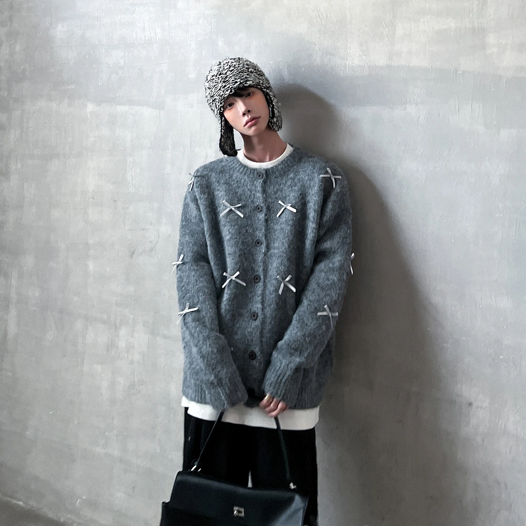 高林凡 慵懒风蝴蝶结毛衣男设计感针织衫开衫外套男