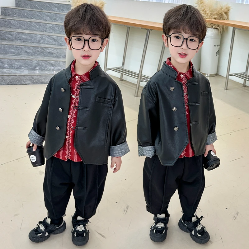 童装中式潮唐装男童2025皮衣外套春秋儿童皮夹克宝宝痞帅洋气黑色