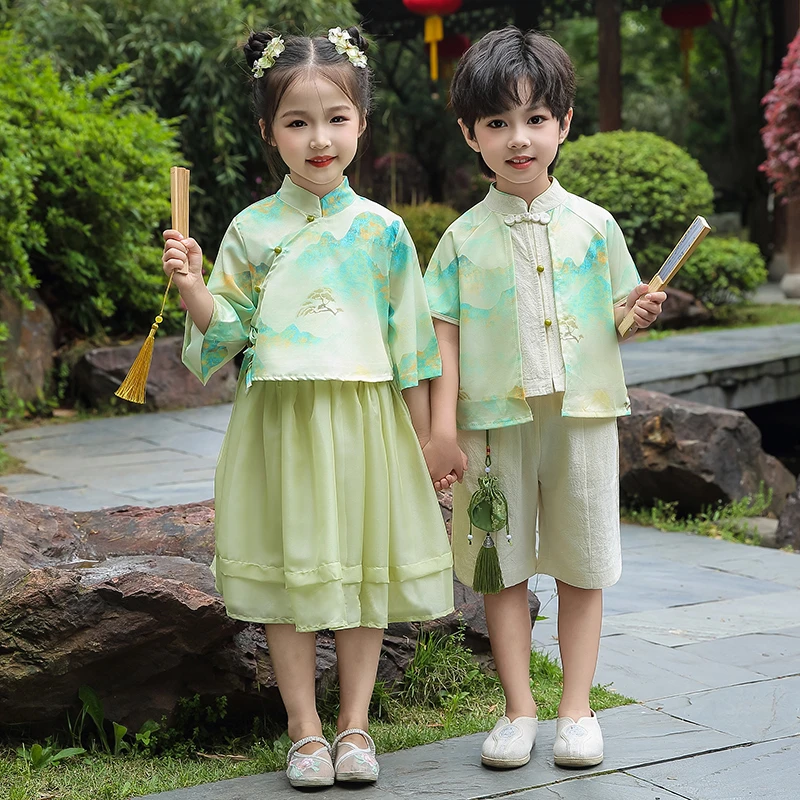 儿童汉服夏款男童中国风古装套装女童民国风唐装幼儿园六一演出服