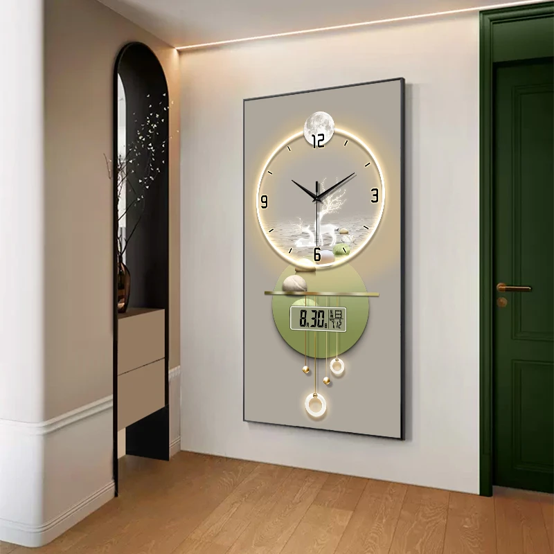 玄关道电子表万年历挂钟时钟轻奢挂墙装饰画竖款过走廊客厅钟表画