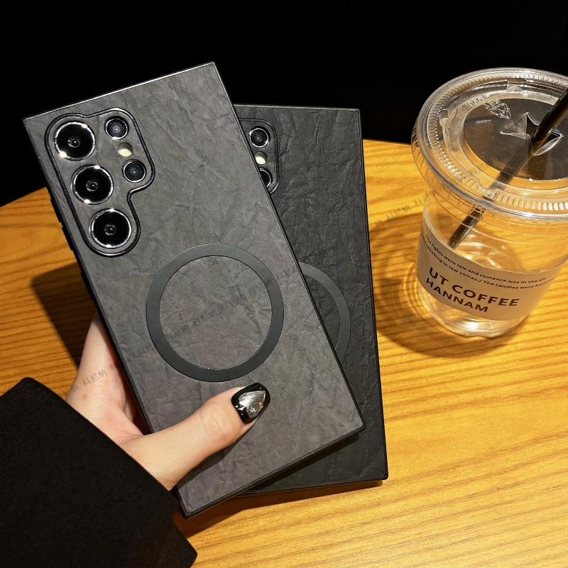 适用三星S24Ultra牛皮纸磁吸手机壳s23plus防摔22全包保护套素皮