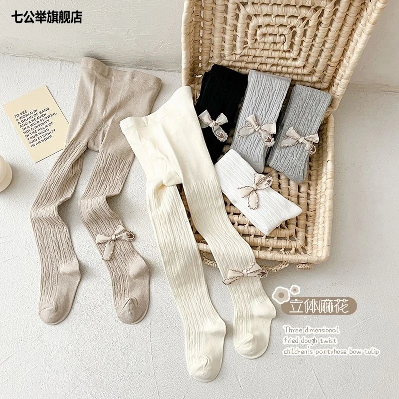 宝宝连裤袜春秋款郁金香蝴蝶结八字麻花连袜婴幼儿外穿女童打底裤