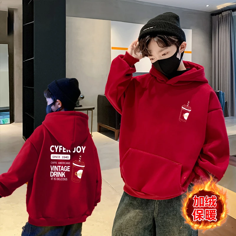 男童秋冬装加绒洋气红色卫衣一体绒时髦中大儿童连帽新年红上衣潮
