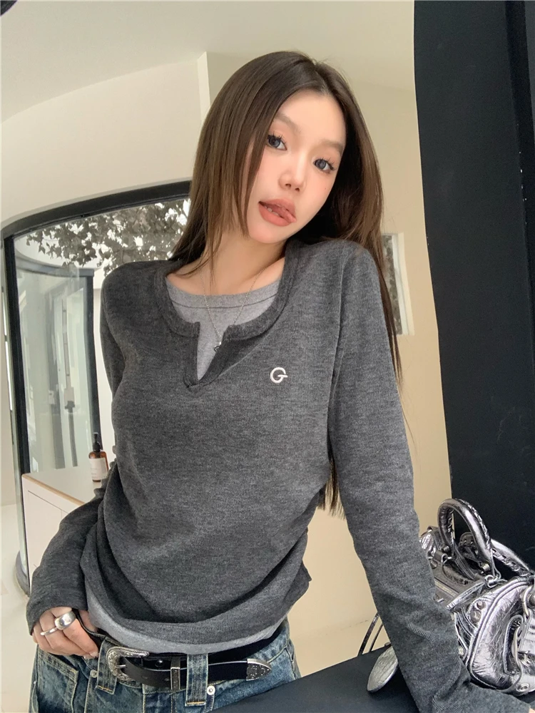 2024新款百搭假两件长袖女大学生秋冬简约德绒T恤保暖休闲打底衫