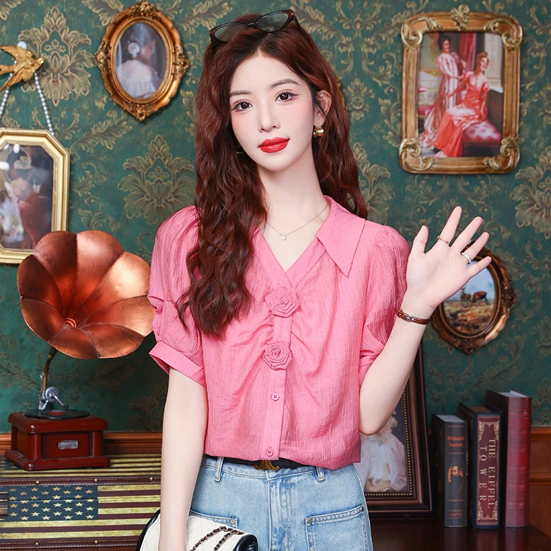 1791夏季设计感别致绝美气质上衣法式显瘦小众衬衣玫瑰花朵衬衫
