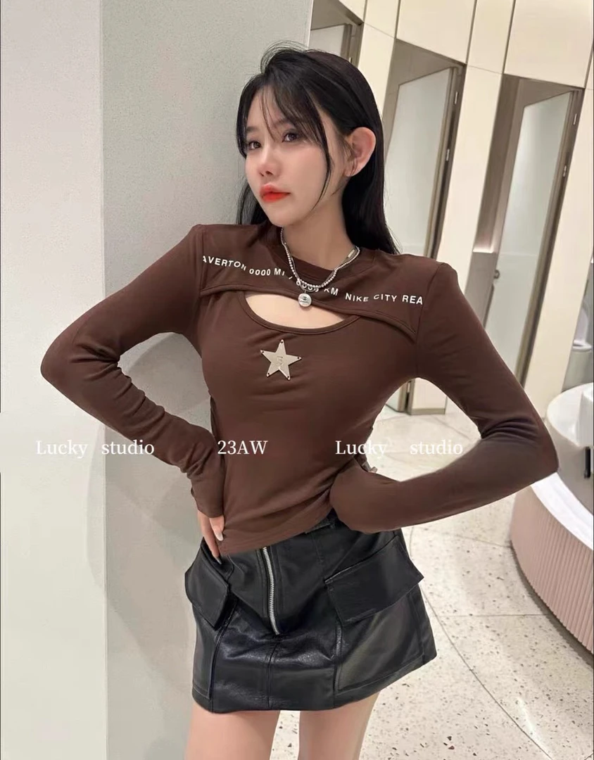 c1秋冬独特辣妹镂空不规则下摆短款上衣设计感修身打底衫女内搭