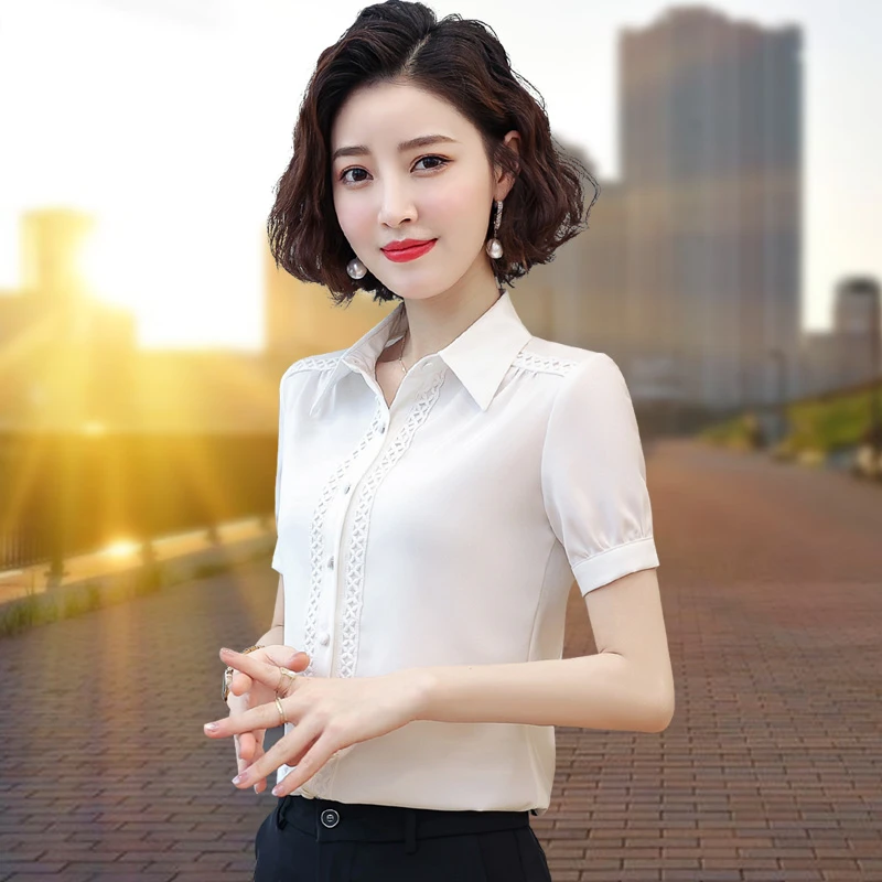 夏季短袖雪纺衬衫女设计感上衣2024新款时尚洋气遮肚打底黑色衬衣