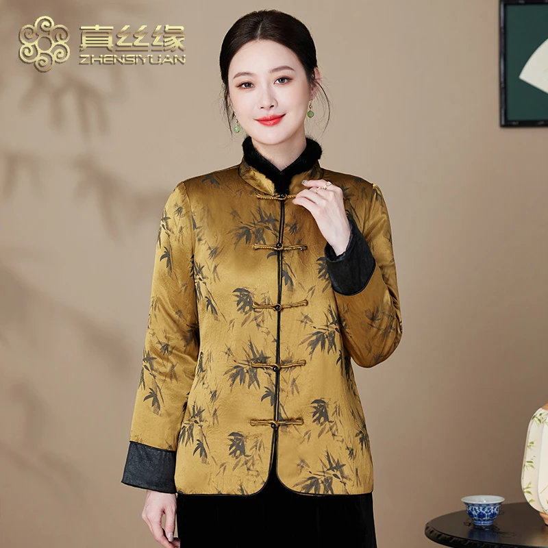 新中式国风棉衣服水貂毛领冬装外套妈妈装冬装棉袄服短款棉服真丝