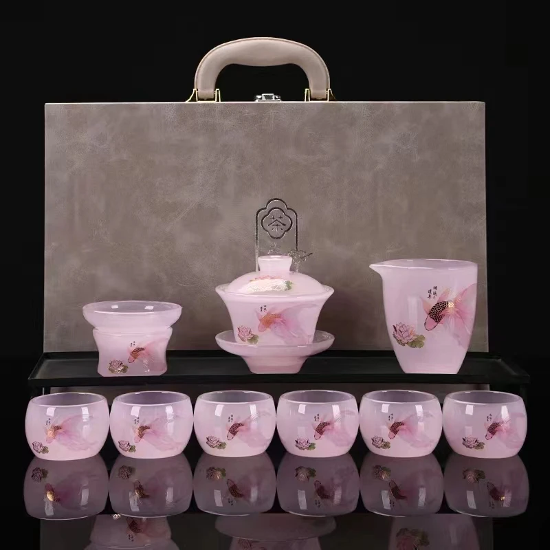 当代 高端鸿运莲年粉琉璃三才盖碗鱼戏荷莲盖碗茶壶公道杯主人杯