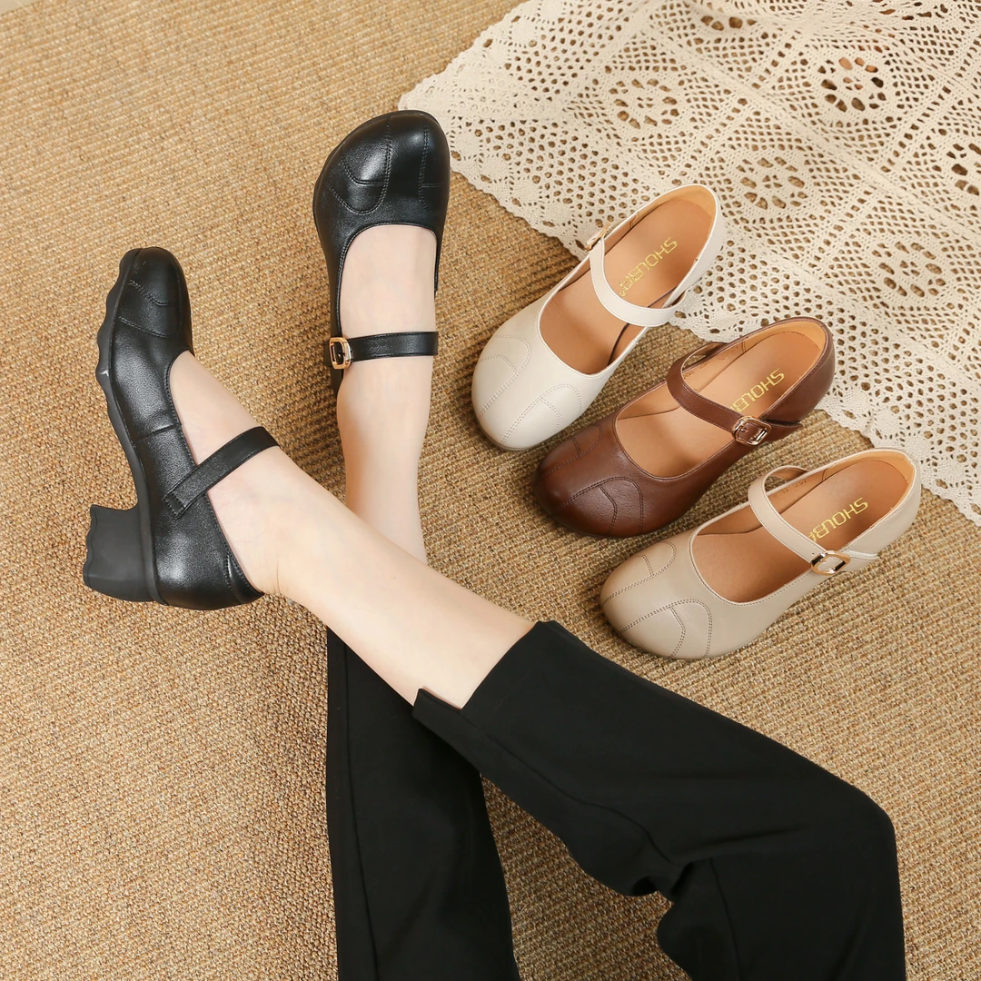 ML8205舒适轻便复古气质时尚百搭防滑耐磨真皮软底粗跟浅口单鞋女