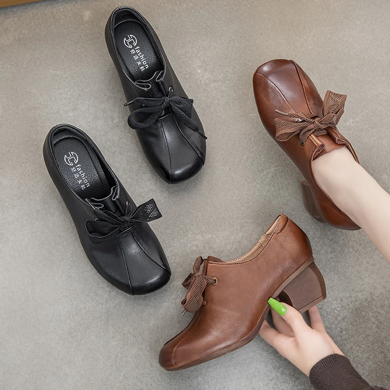 2228秋季新款妈妈鞋粗跟女鞋软底软面单鞋中老年舒适休闲真皮尖头